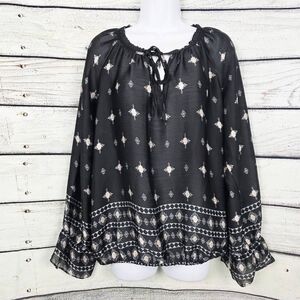 Cato Black Boho Border Print Peasant Top Medium